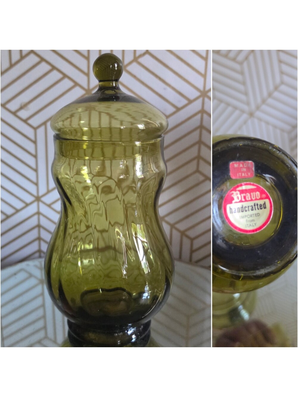 Vintage Mid-Century Bravo Handcrafted Empoli Italy Green Glass Apothecary Jar